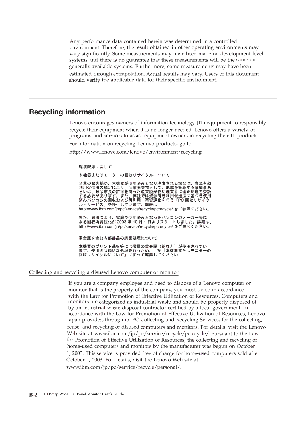 Lenovo LT1952p manual Recycling information 