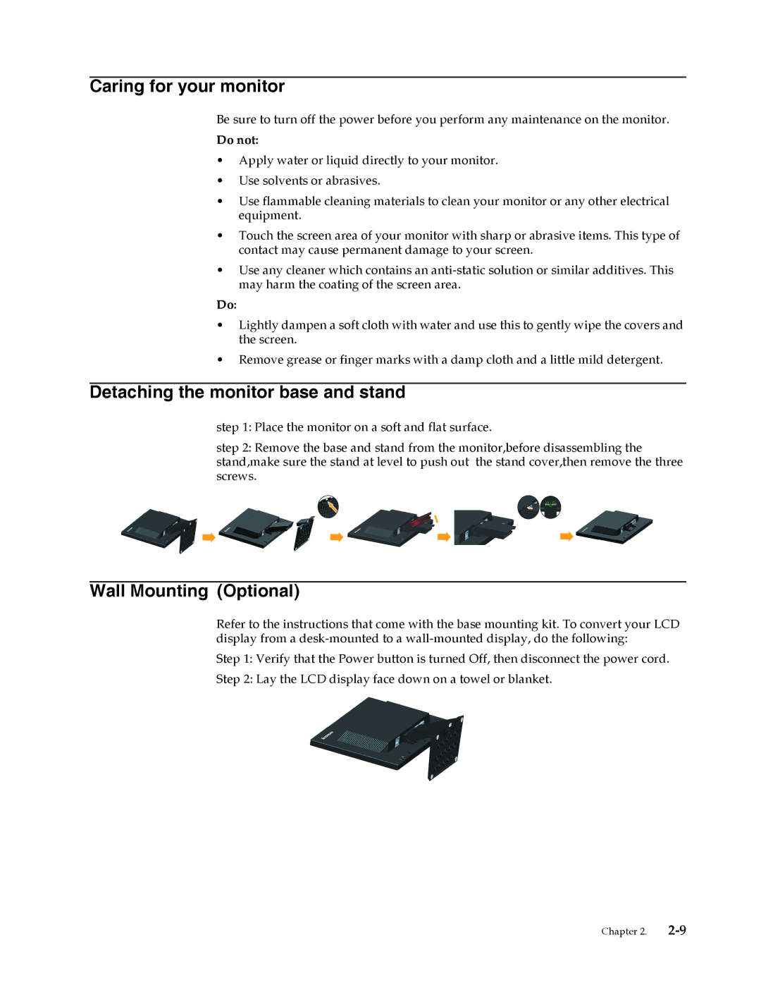 Lenovo LT1953 manual Caring for your monitor, Detaching the monitor base and stand, Wall Mounting Optional 