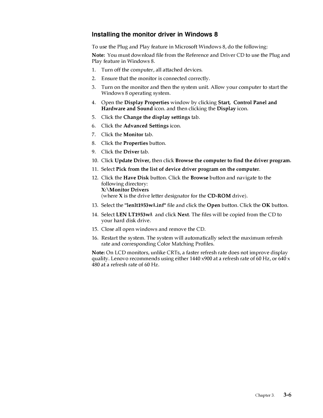 Lenovo LT1953 manual Installing the monitor driver in Windows 