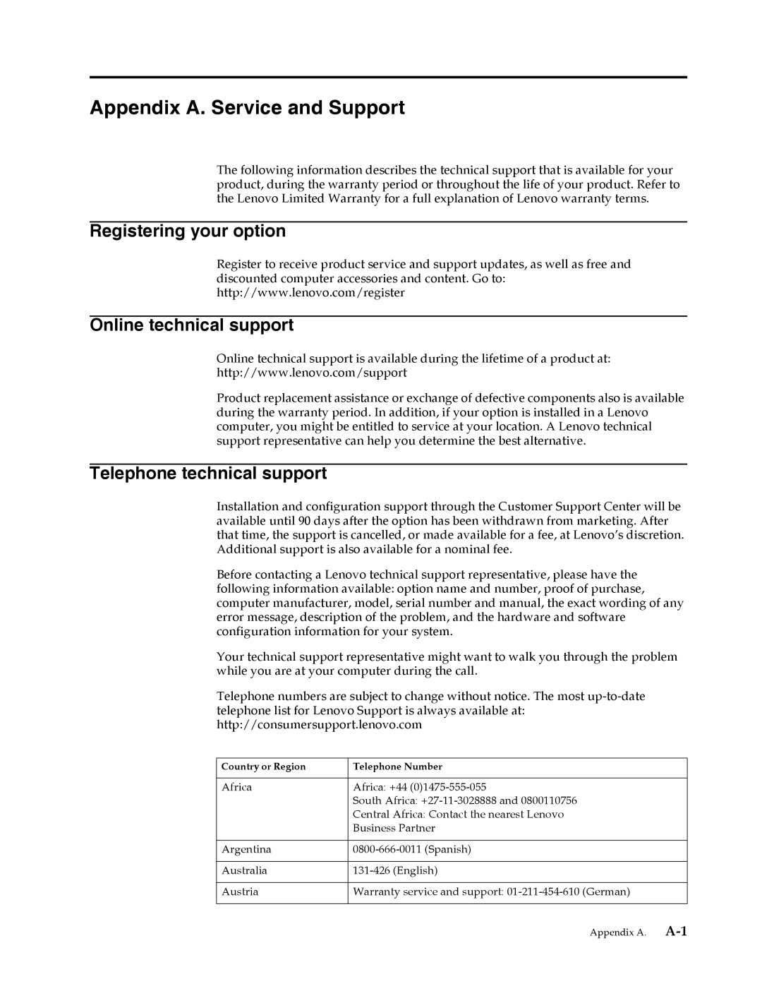 Lenovo LT1953 manual Appendix A. Service and Support, Registering your option Online technical support 