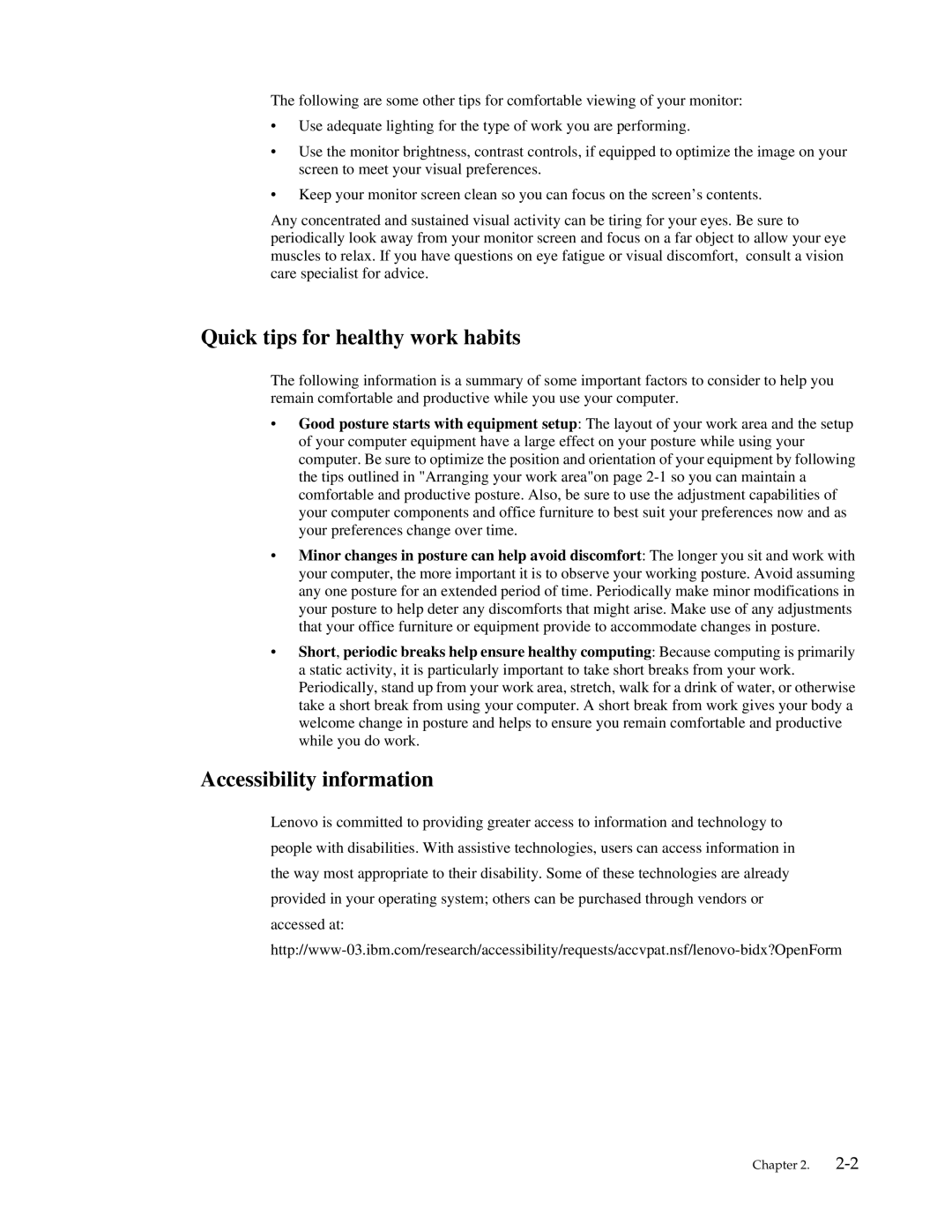 Lenovo LT2013P manual Quick tips for healthy work habits, Accessibility information 