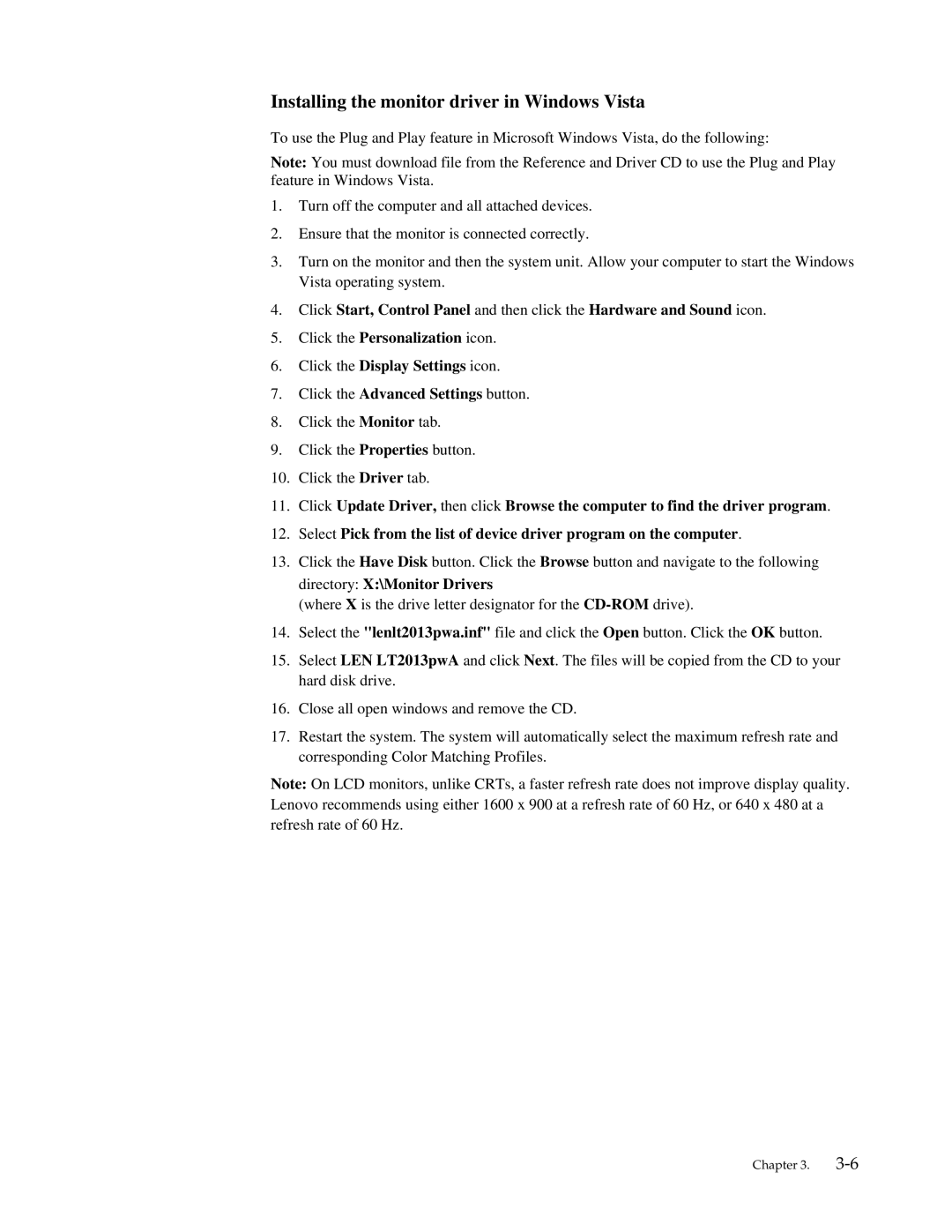 Lenovo LT2013P manual Installing the monitor driver in Windows Vista 