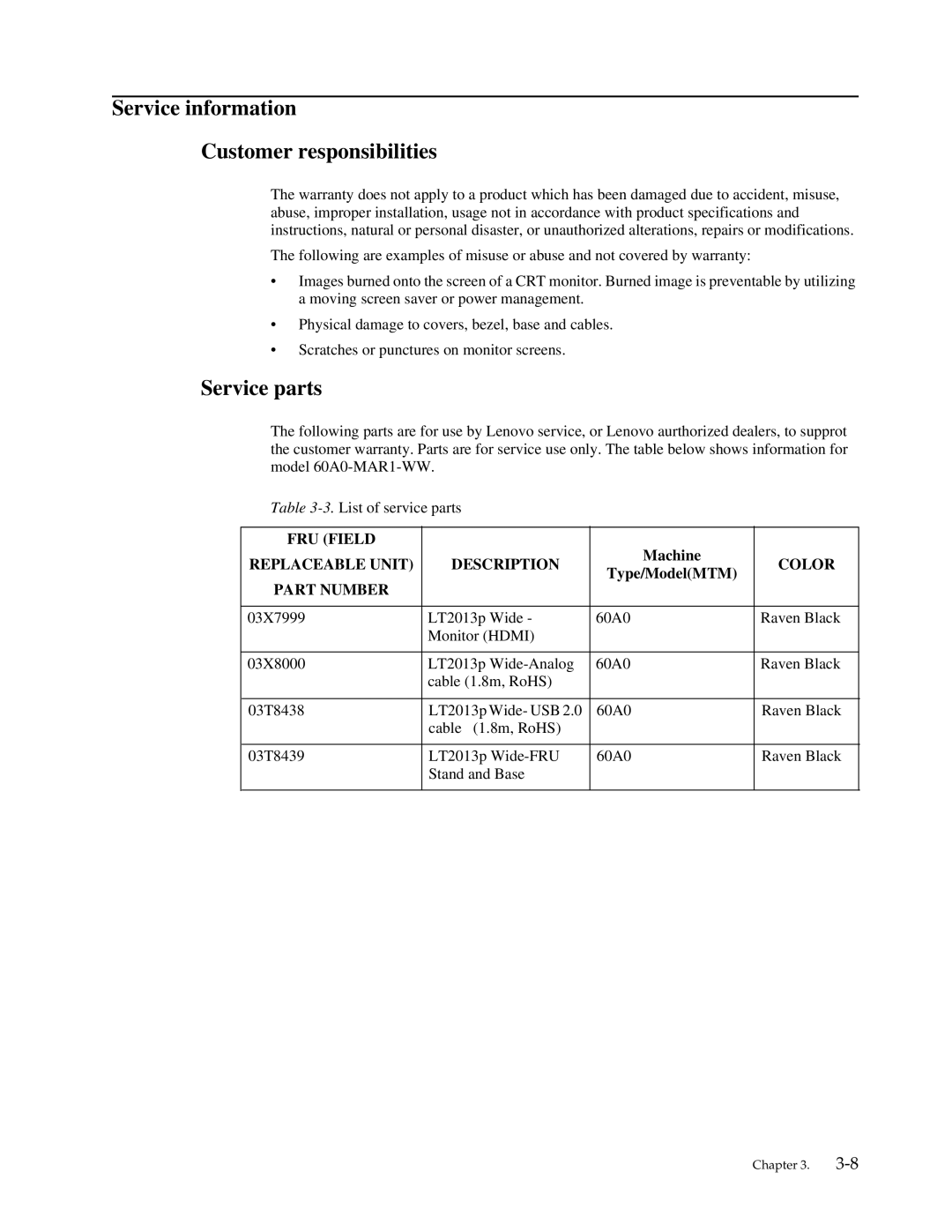 Lenovo LT2013P manual Service information Customer responsibilities, Service parts 