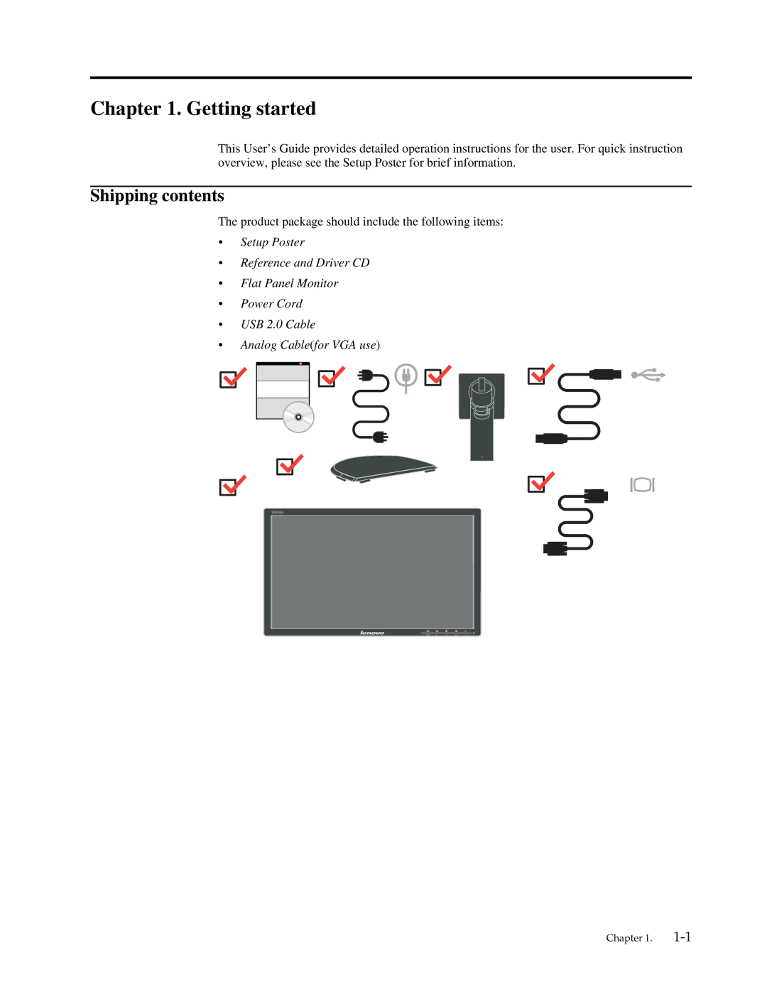 Lenovo LT2013P manual Getting started, Shipping contents 