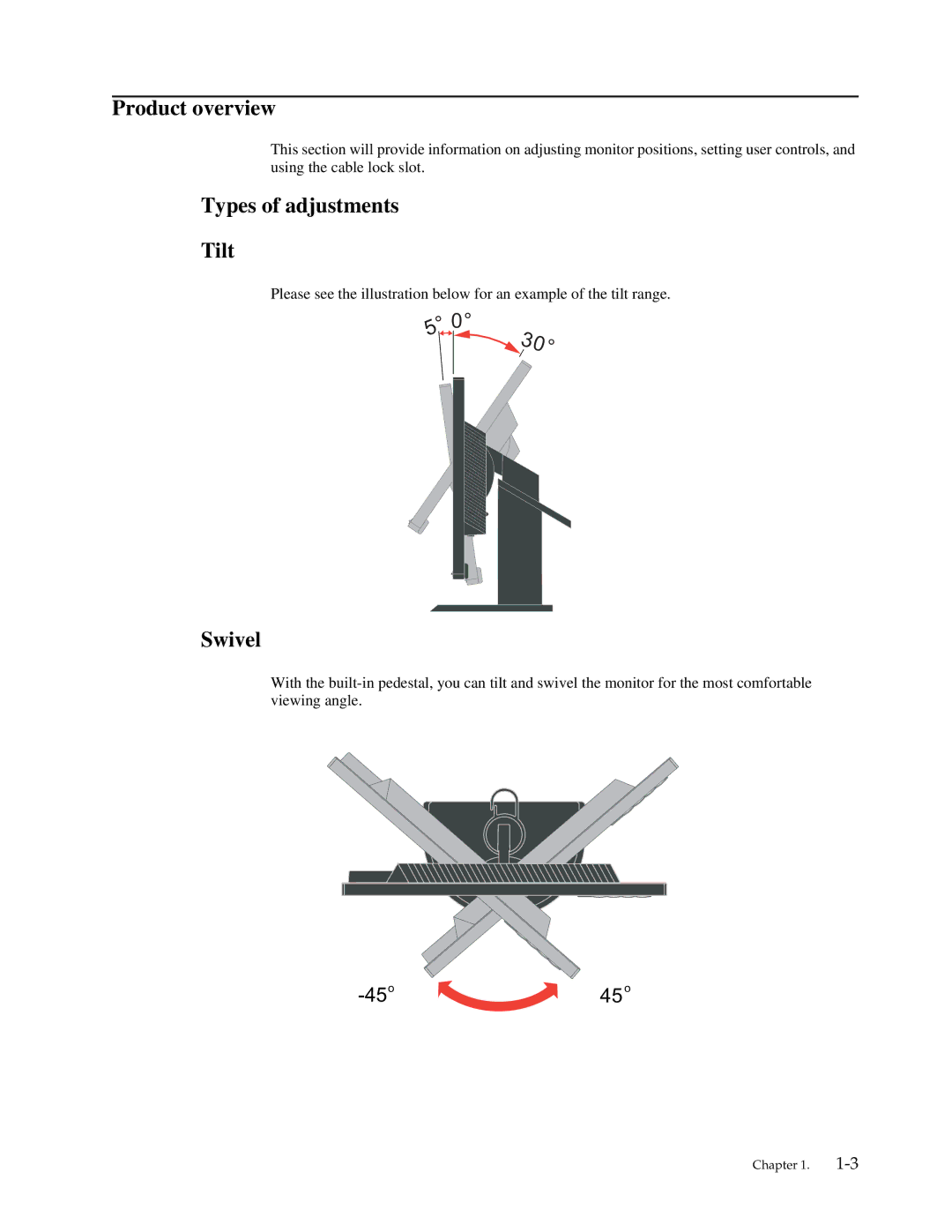 Lenovo LT2013P manual Product overview, Types of adjustments Tilt, Swivel 