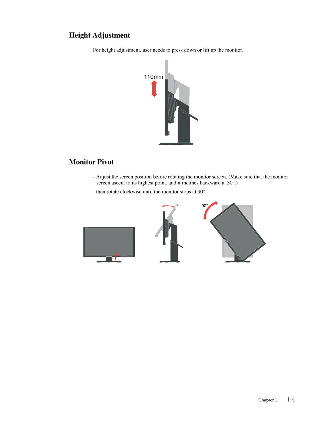 Lenovo LT2013P manual Height Adjustment, Monitor Pivot 