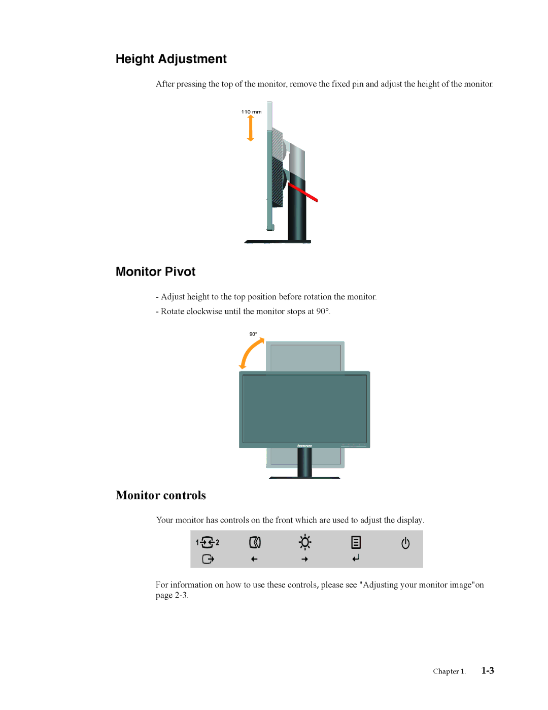 Lenovo LT2323P manual Height Adjustment, Monitor Pivot, Monitor controls 