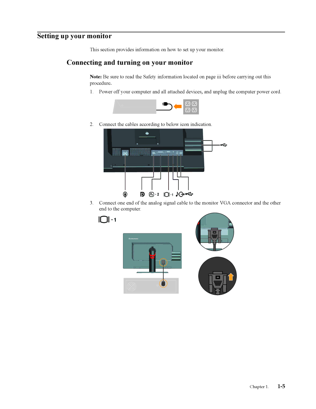 Lenovo LT2323P manual Setting up your monitor, Connecting and turning on your monitor 