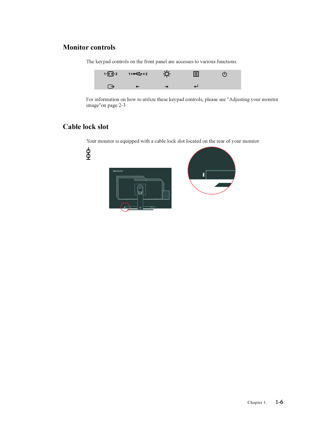 Lenovo LT3053P manual Monitor controls, Cable lock slot 