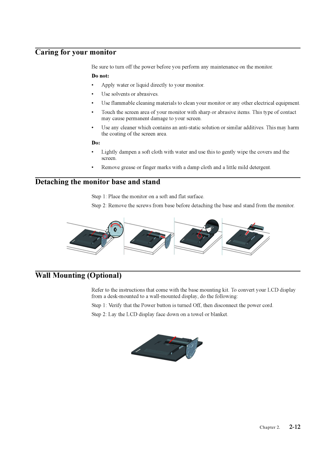 Lenovo LT3053P manual Caring for your monitor, Detaching the monitor base and stand, Wall Mounting Optional 