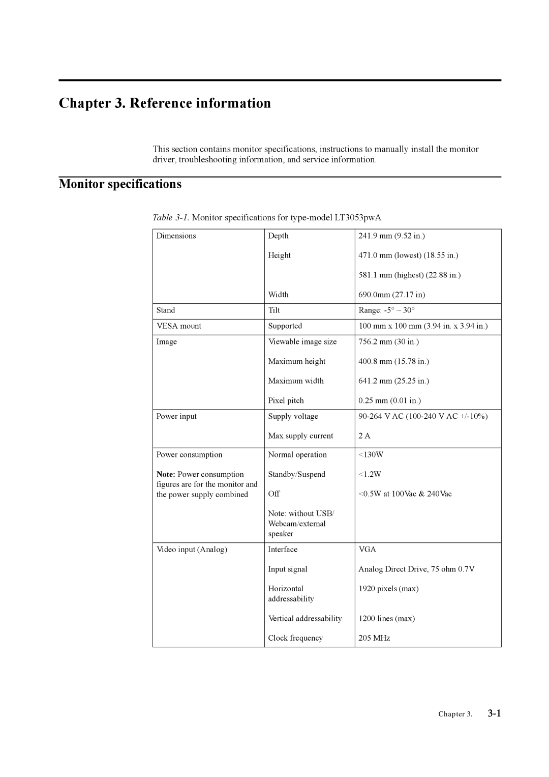 Lenovo LT3053P manual Reference information, Monitor specifications 