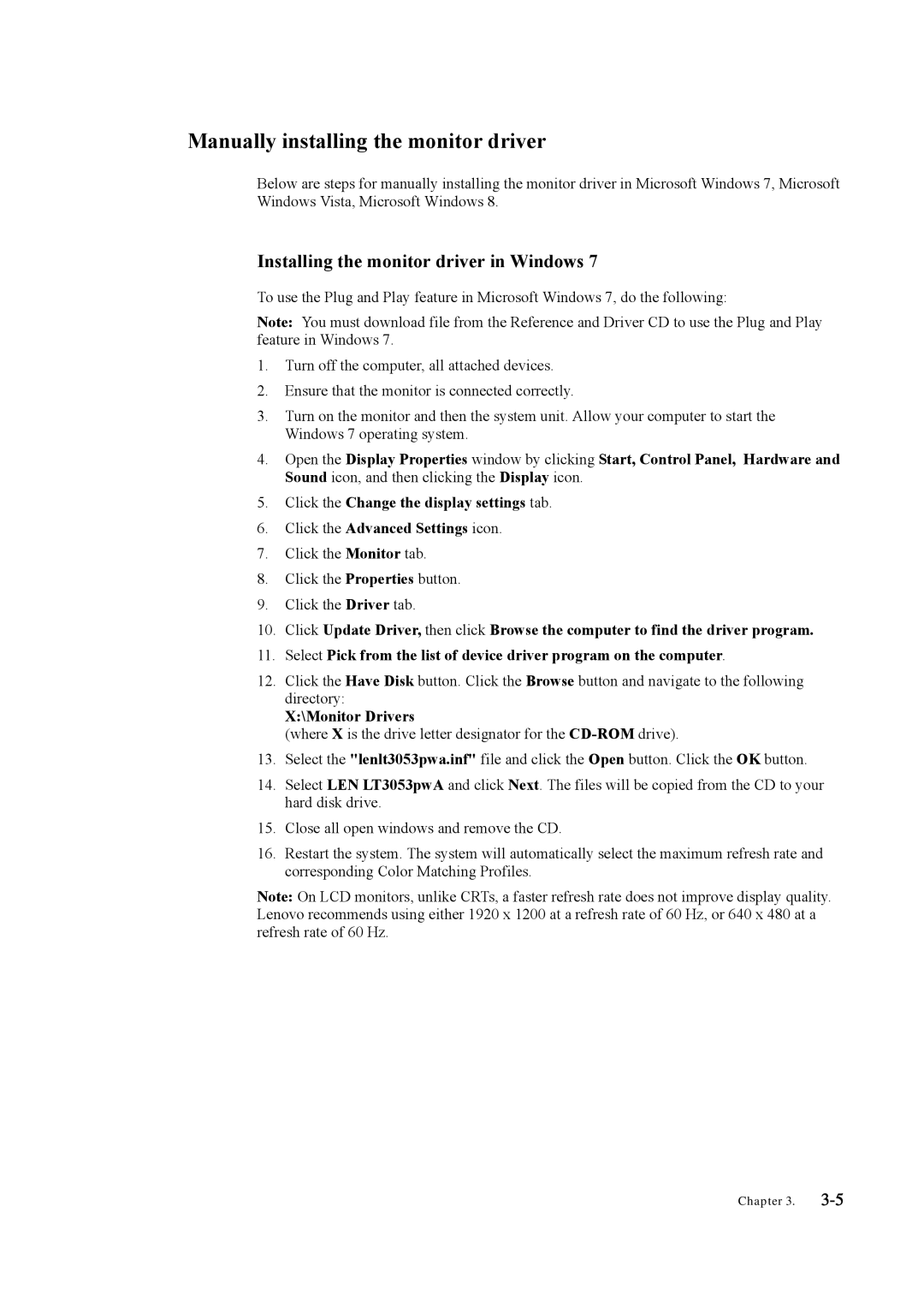 Lenovo LT3053P manual Manually installing the monitor driver, Installing the monitor driver in Windows 