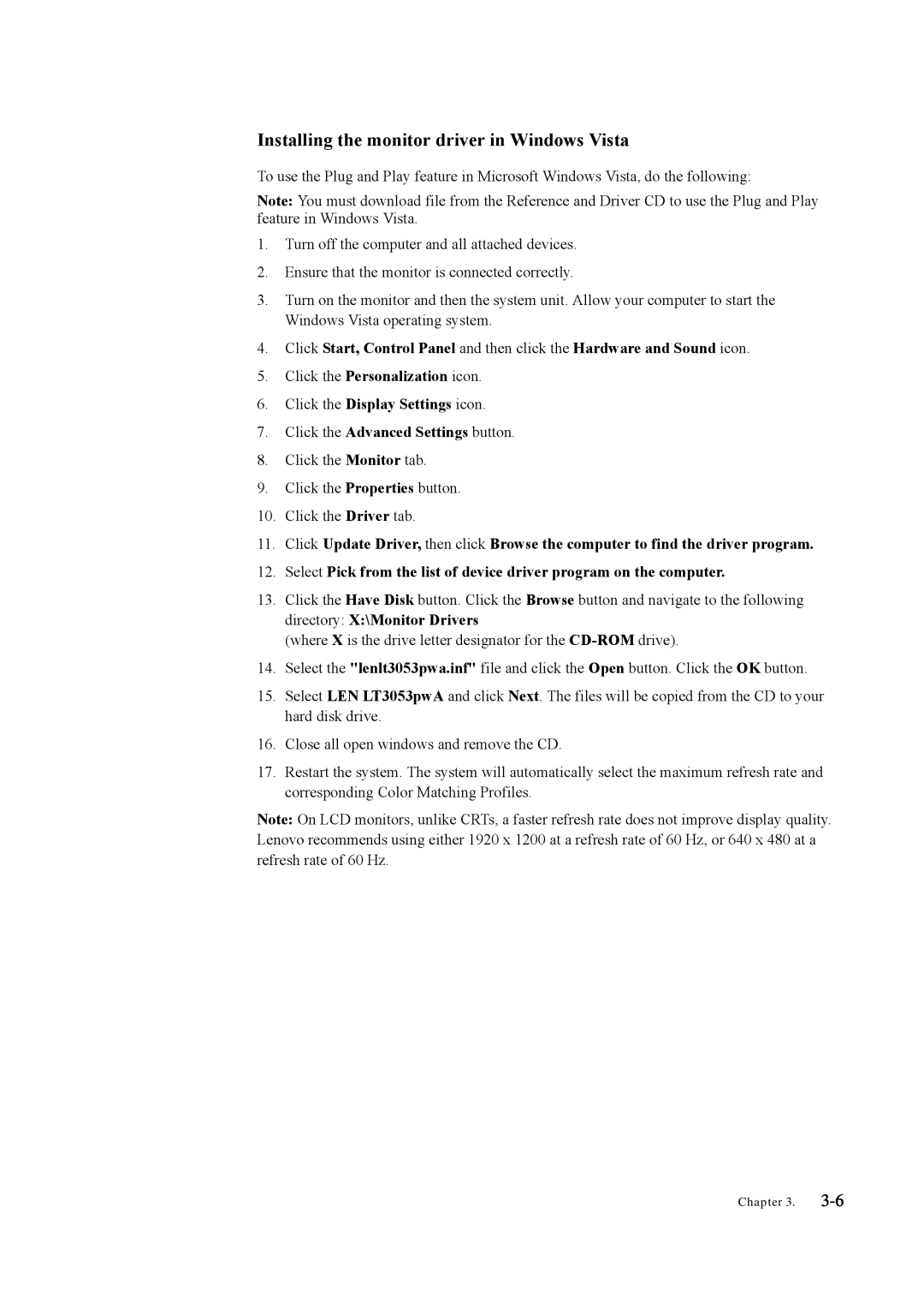 Lenovo LT3053P manual Installing the monitor driver in Windows Vista 