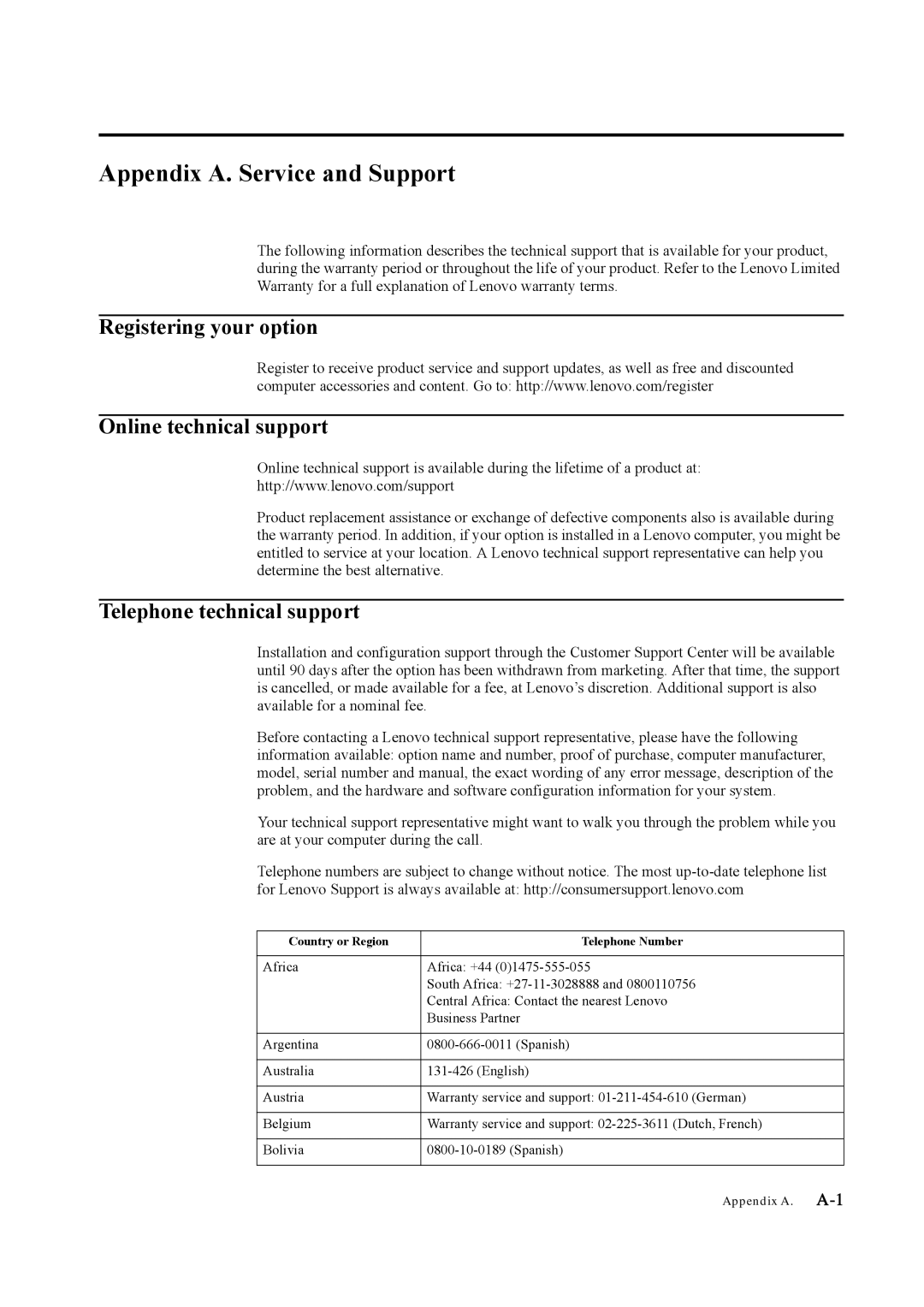 Lenovo LT3053P manual Appendix A. Service and Support, Registering your option Online technical support 