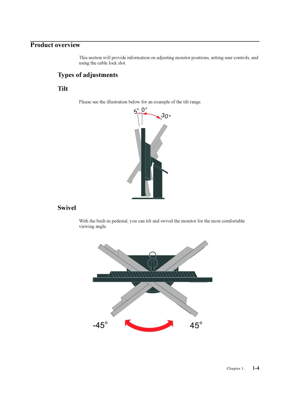 Lenovo LT3053P manual Product overview, Types of adjustments Tilt, Swivel 