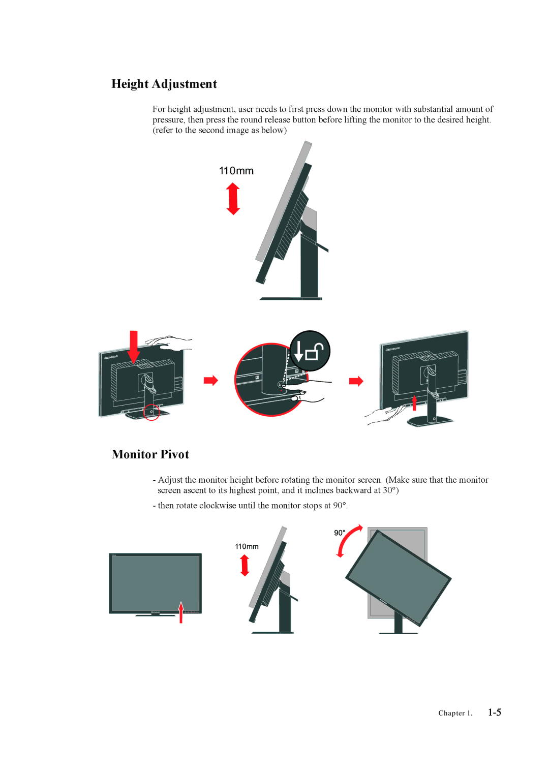 Lenovo LT3053P manual Height Adjustment, Monitor Pivot 