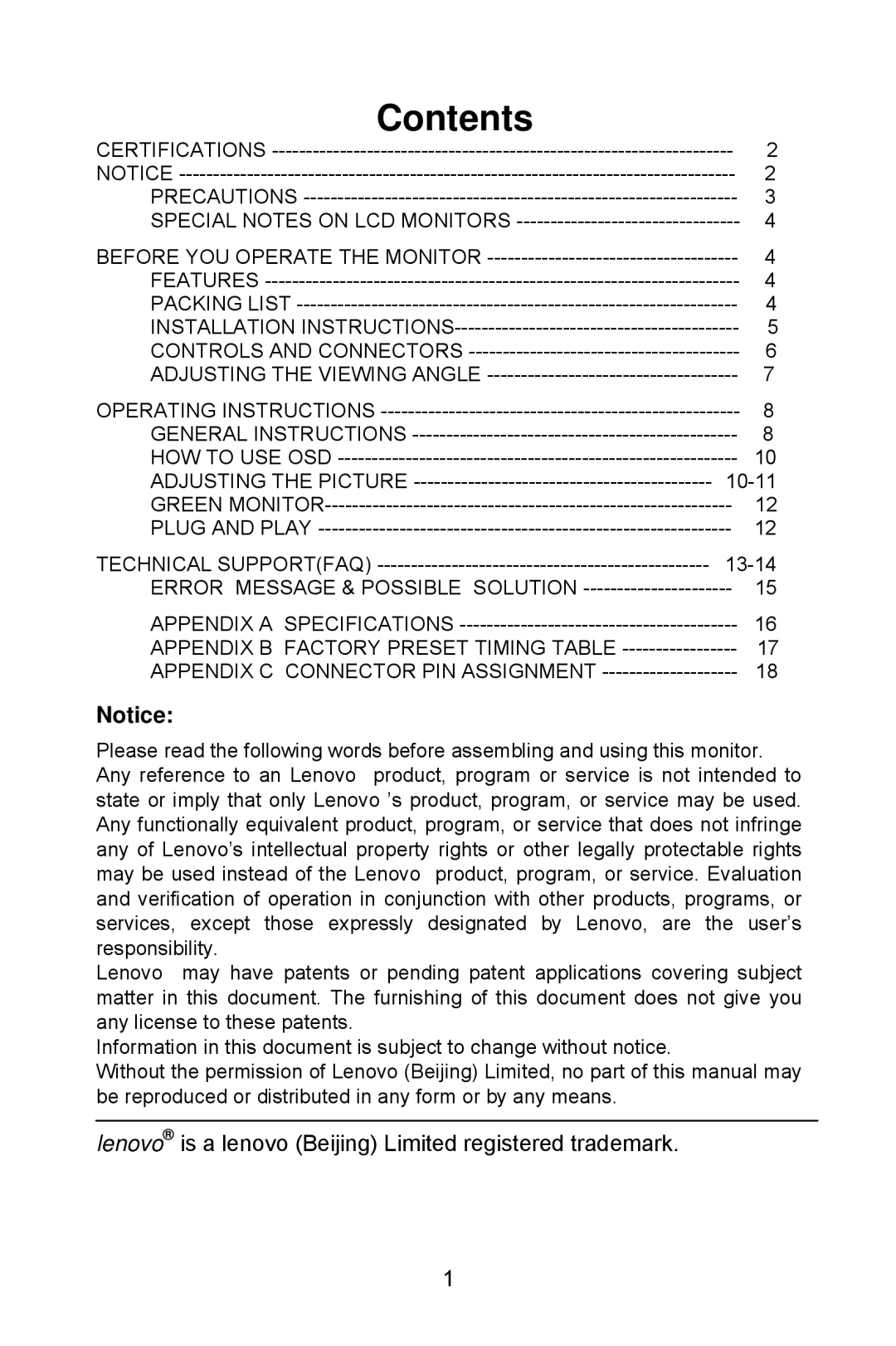 Lenovo LXH-GJ17L3 installation instructions Contents 