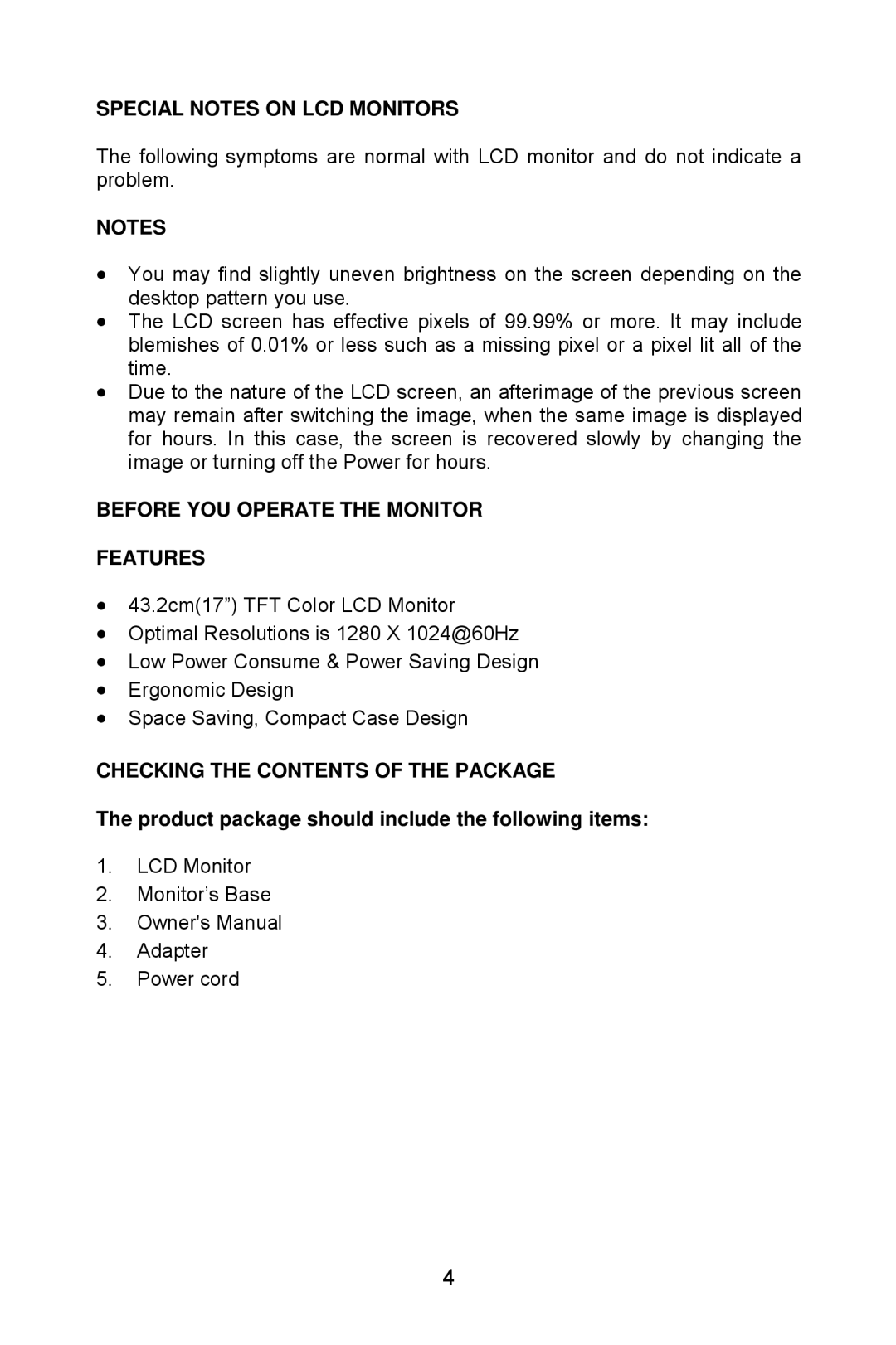 Lenovo LXH-GJ17L3 installation instructions Special Notes on LCD Monitors, Before YOU Operate the Monitor Features 