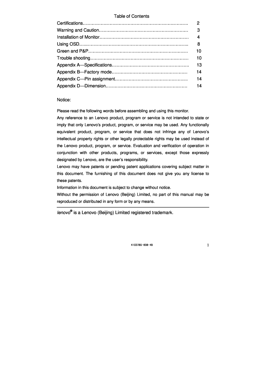 Lenovo LXH-GJ769F4 appendix Table of Contents 