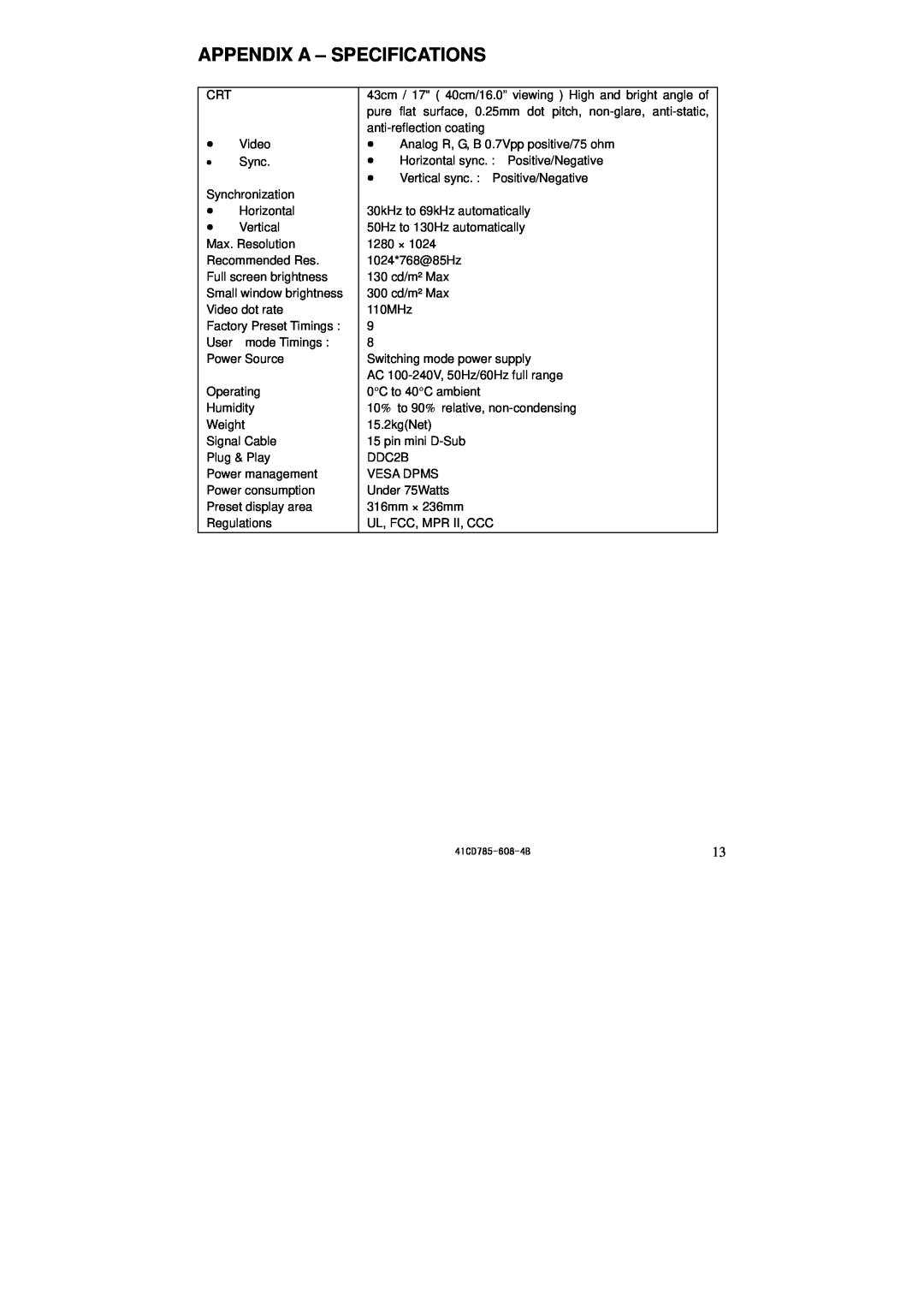 Lenovo LXH-GJ769F4 appendix Appendix A - Specifications 