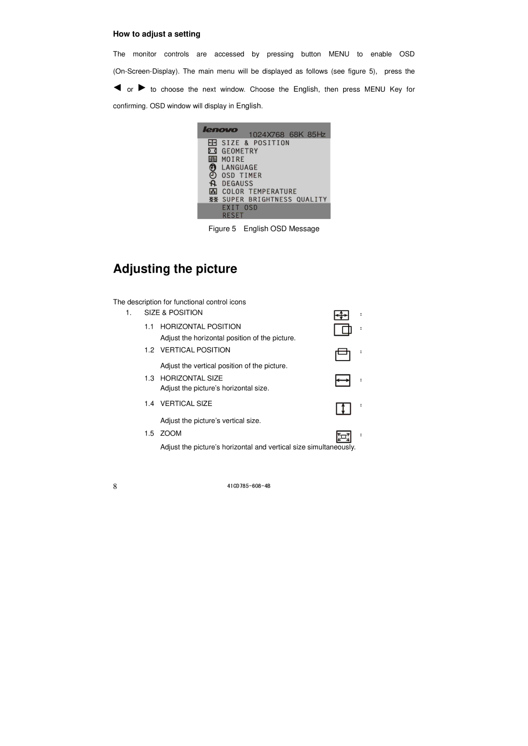 Lenovo LXH-GJ769F4 appendix Adjusting the picture, How to adjust a setting 