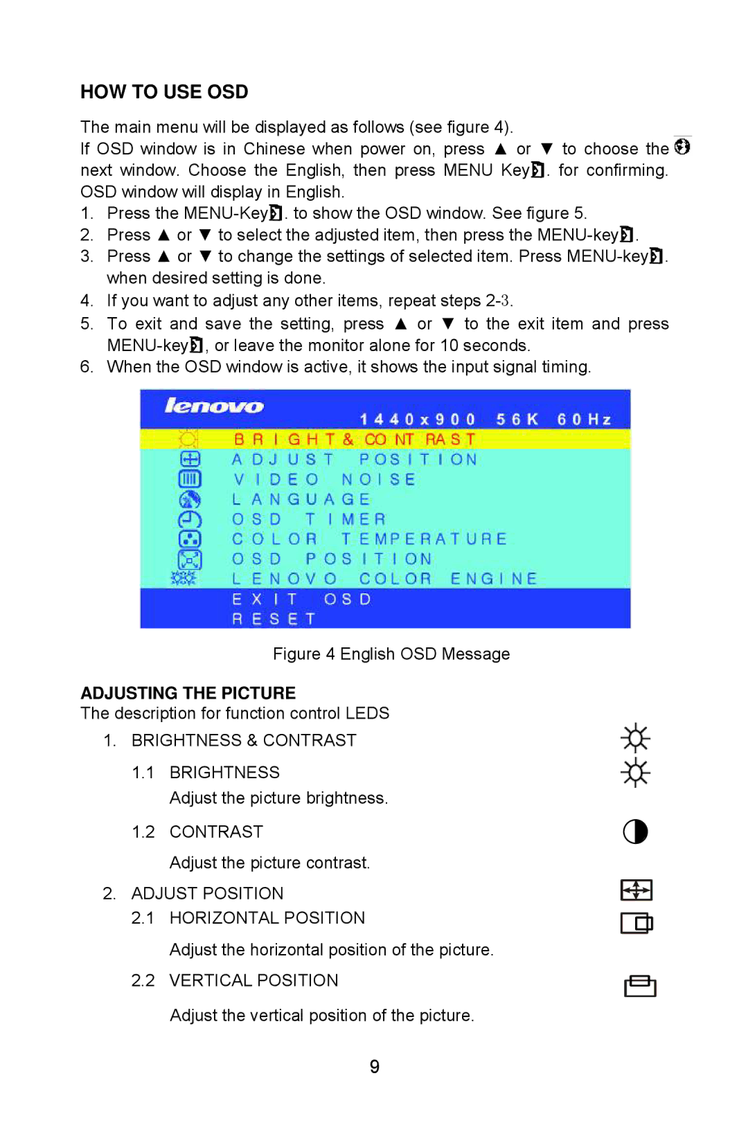 Lenovo LXM-WL19CH appendix HOW to USE OSD, Adjusting the Picture 