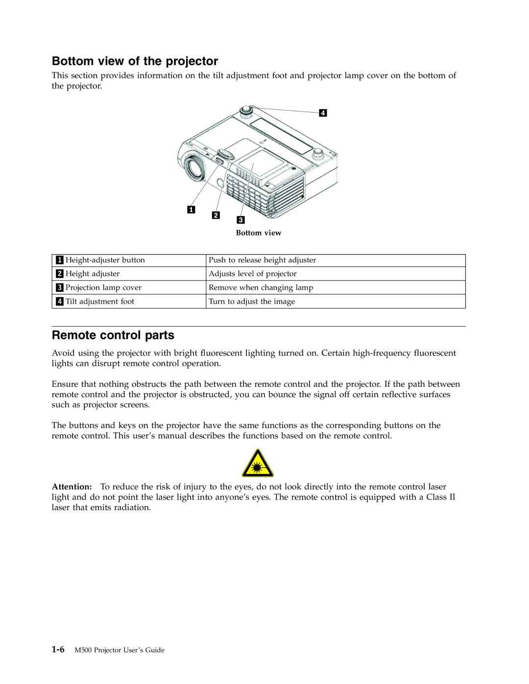 Lenovo M500 manual Bottom view of the projector, Remote control parts 