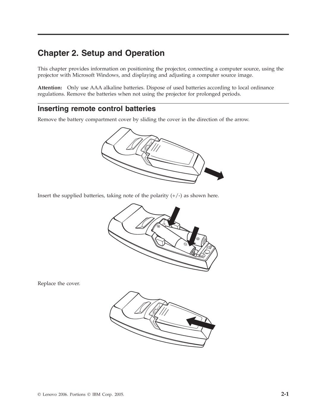 Lenovo M500 manual Setup and Operation, Inserting remote control batteries 