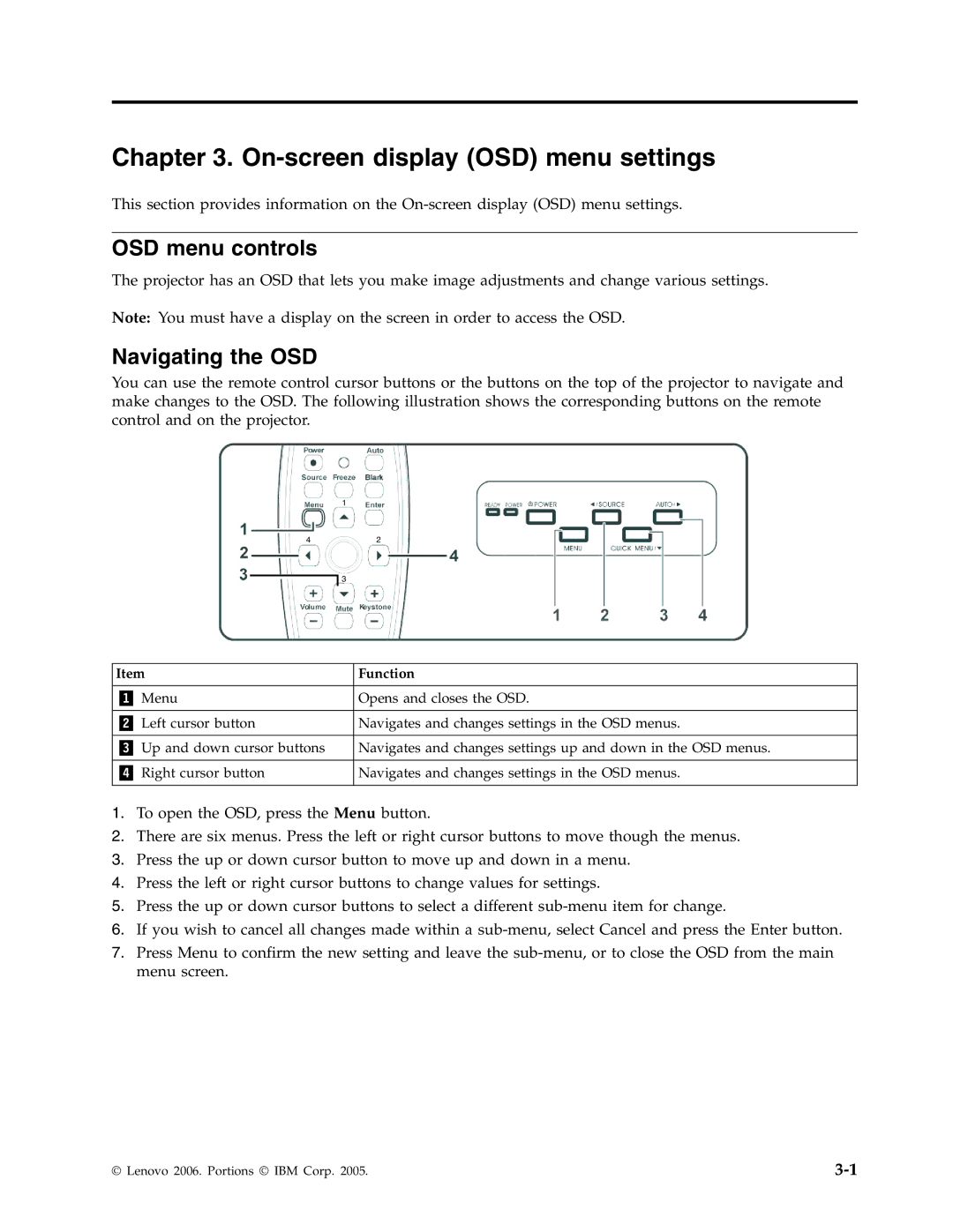 Lenovo M500 manual On-screen display OSD menu settings, OSD menu controls, Navigating the OSD, Function 