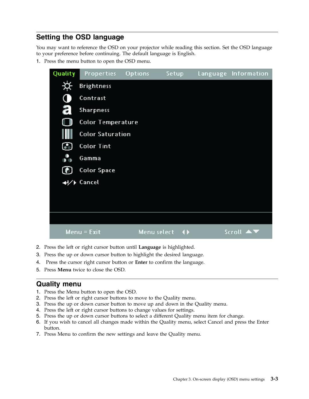 Lenovo M500 manual Setting the OSD language, Quality menu 