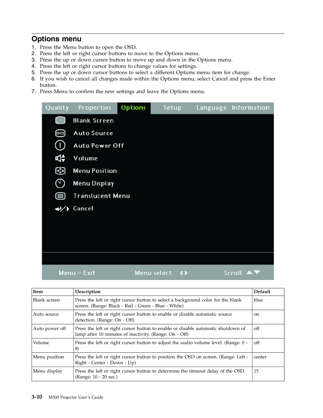 Lenovo M500 manual Options menu 