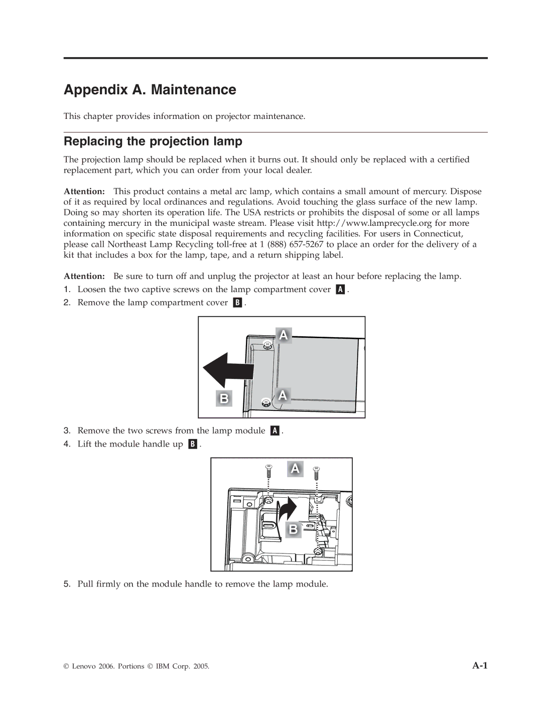 Lenovo M500 manual Appendix A. Maintenance, Replacing the projection lamp 