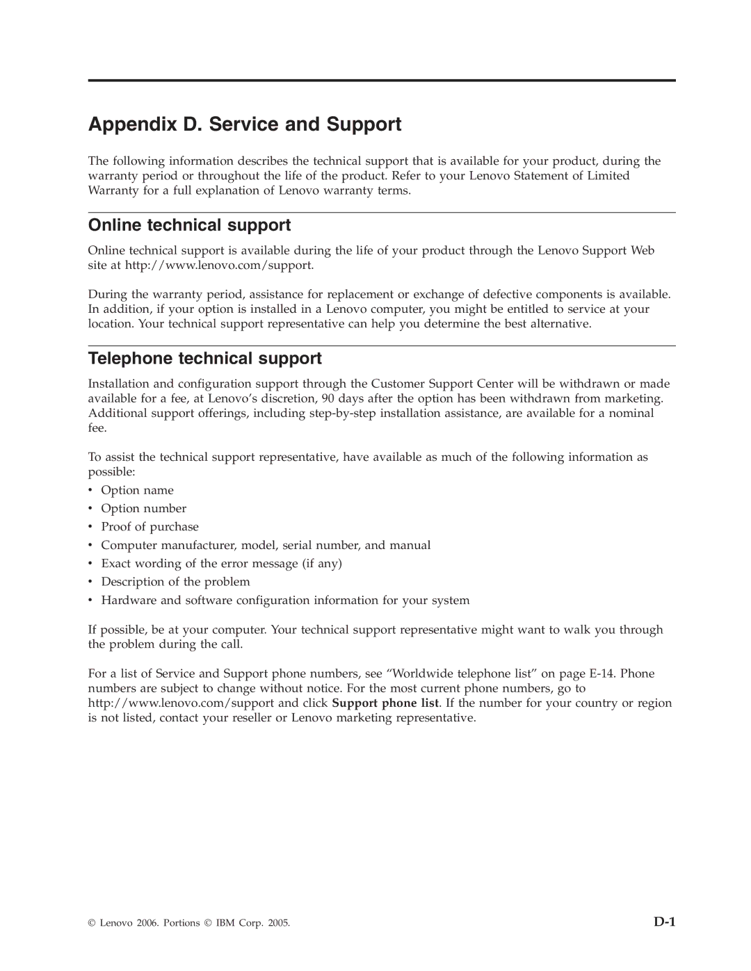 Lenovo M500 manual Appendix D. Service and Support, Online technical support, Telephone technical support 