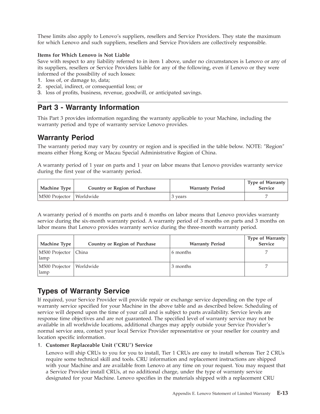 Lenovo M500 manual Part 3 Warranty Information, Warranty Period, Types of Warranty Service, Type of Warranty 