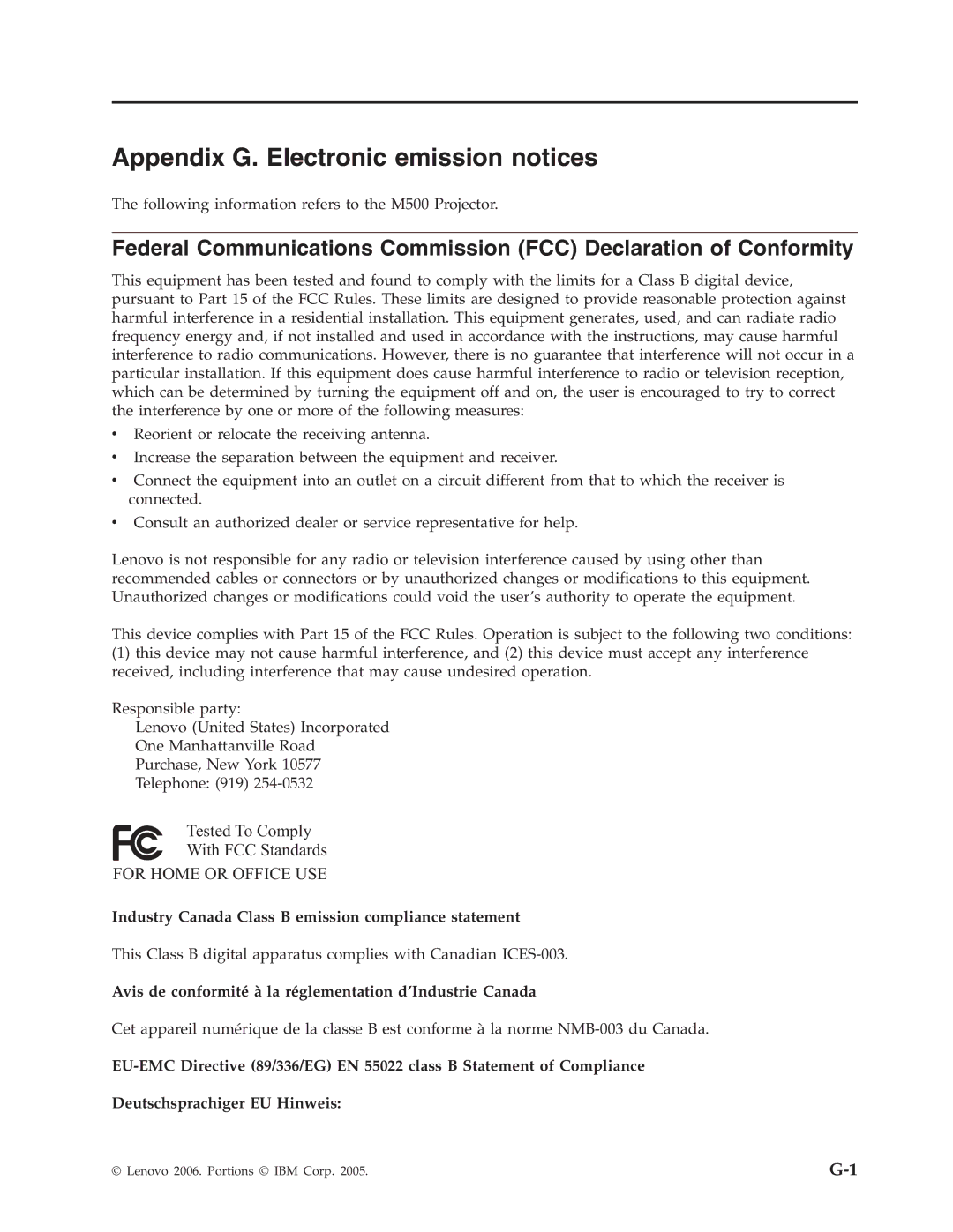 Lenovo M500 manual Appendix G. Electronic emission notices, For Home or Office USE 