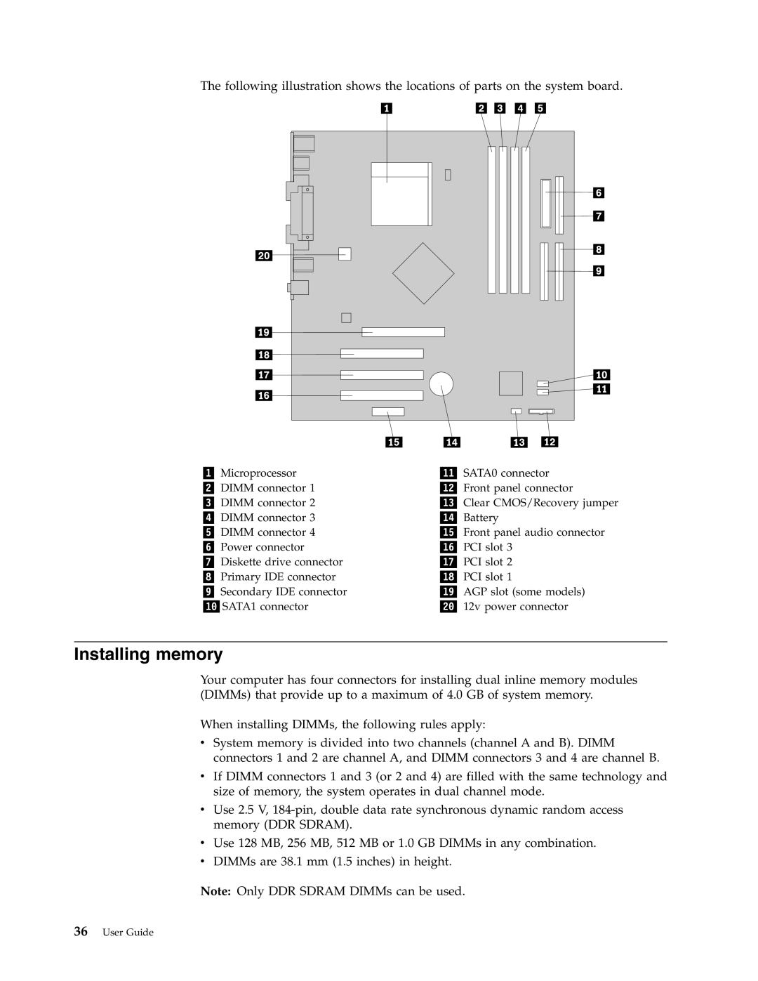 Lenovo M50e Series, A50 manual Installing memory, 36User Guide 