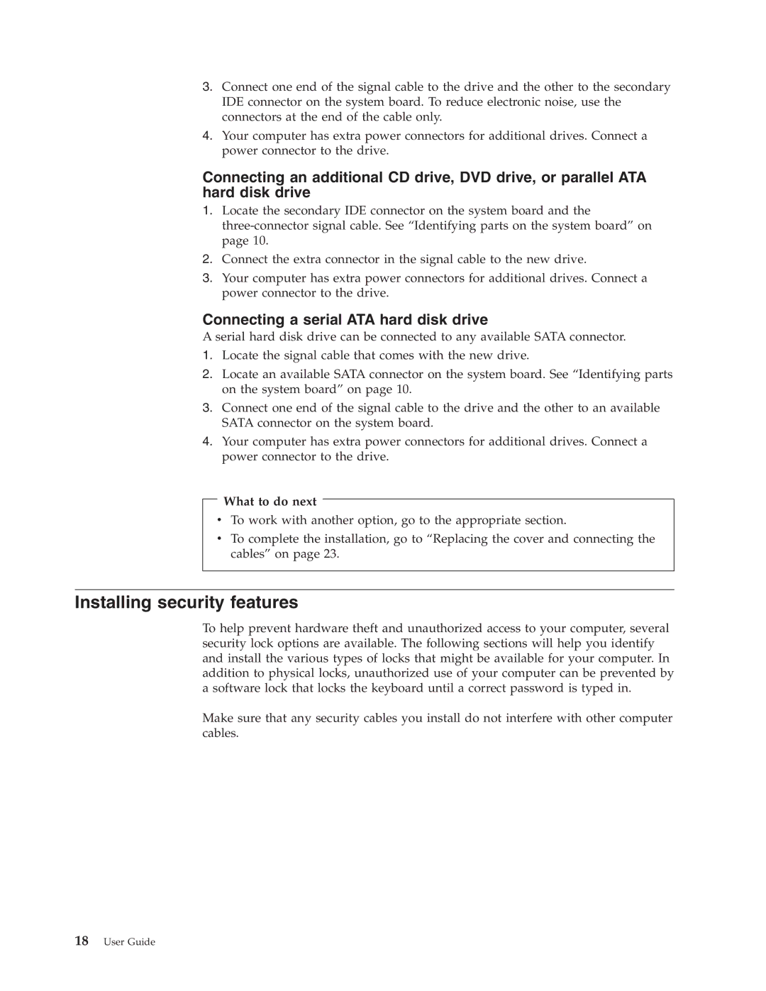 Lenovo M50e Series, A50 manual Installing security features, Connecting a serial ATA hard disk drive 