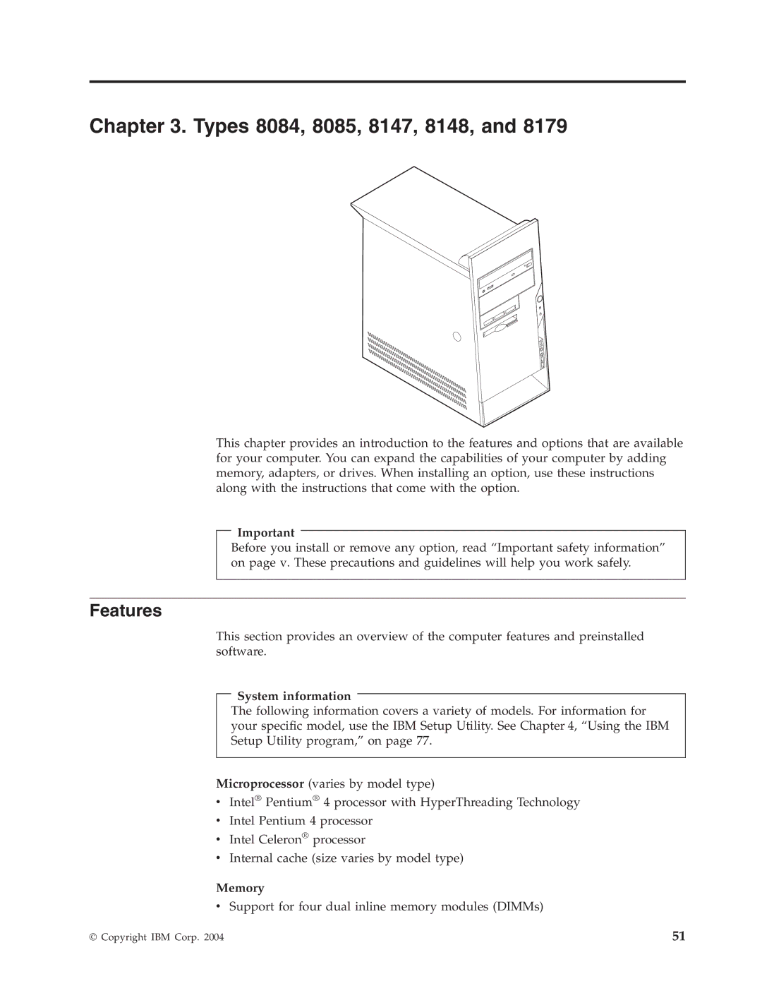 Lenovo A50, M50e Series manual Types 8084, 8085, 8147, 8148, Features 