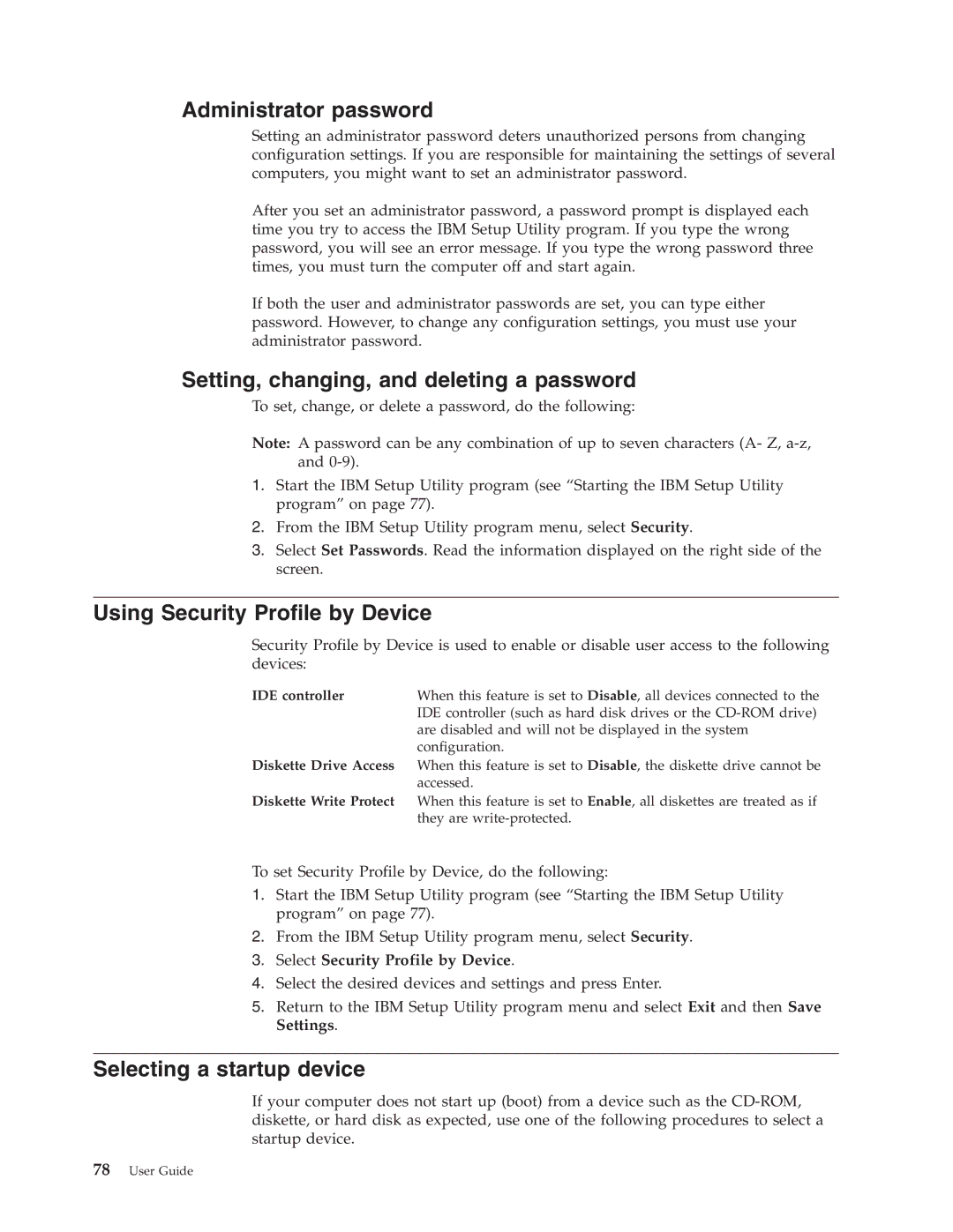 Lenovo M50e Series Administrator password, Setting, changing, and deleting a password, Using Security Profile by Device 