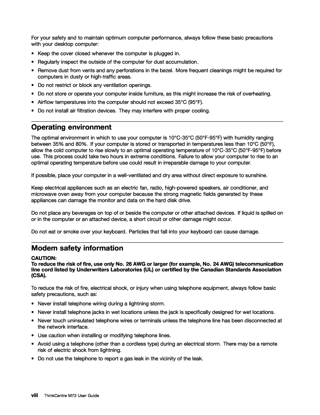 Lenovo M73 manual Operating environment, Modem safety information 