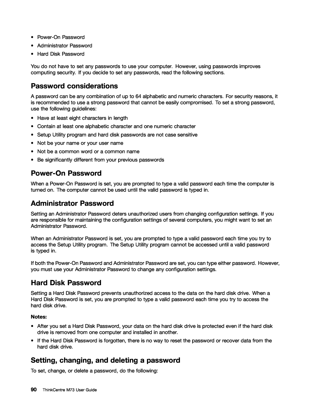 Lenovo M73 manual Password considerations, Power-On Password, Administrator Password, Hard Disk Password 