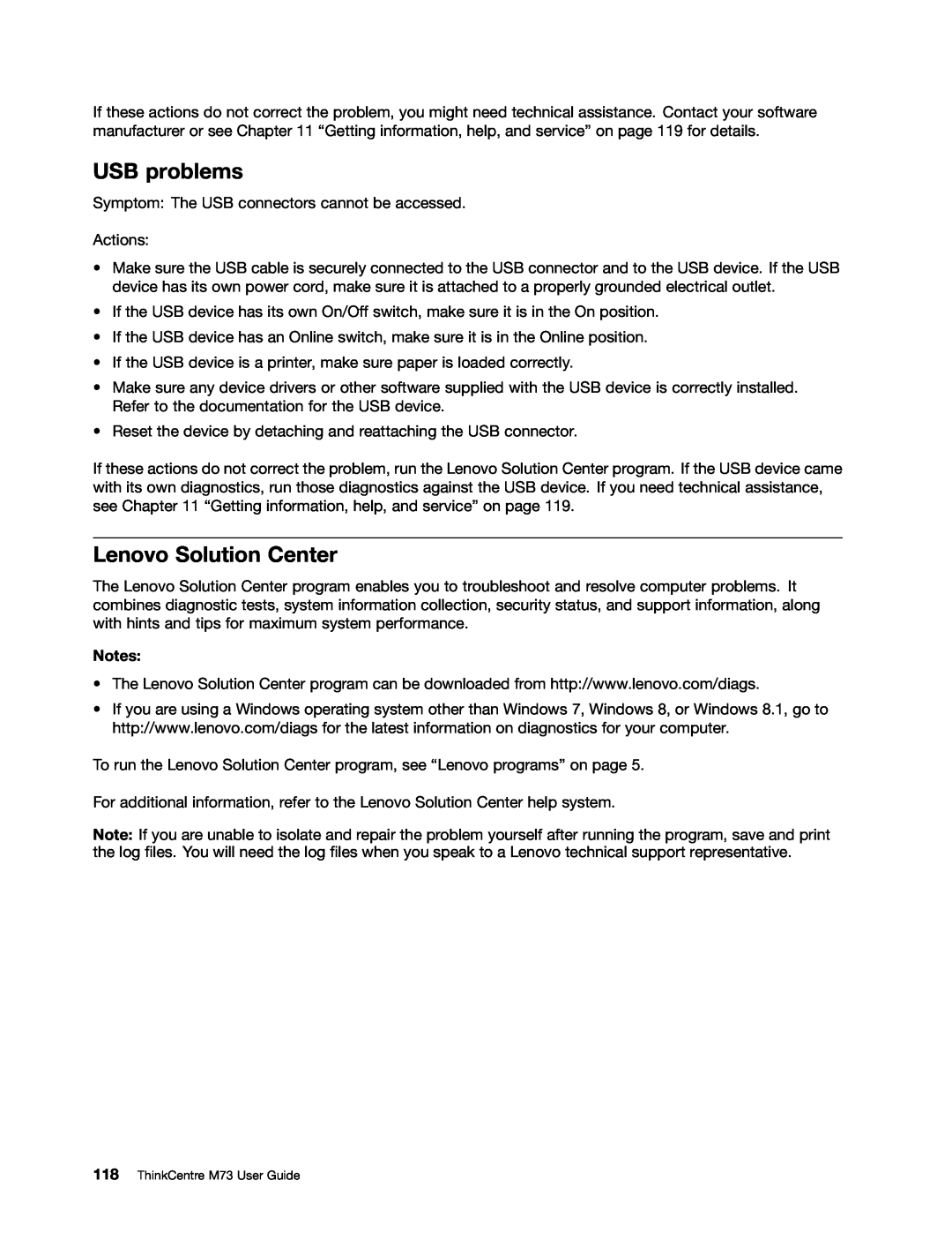Lenovo manual USB problems, Lenovo Solution Center, ThinkCentre M73 User Guide 