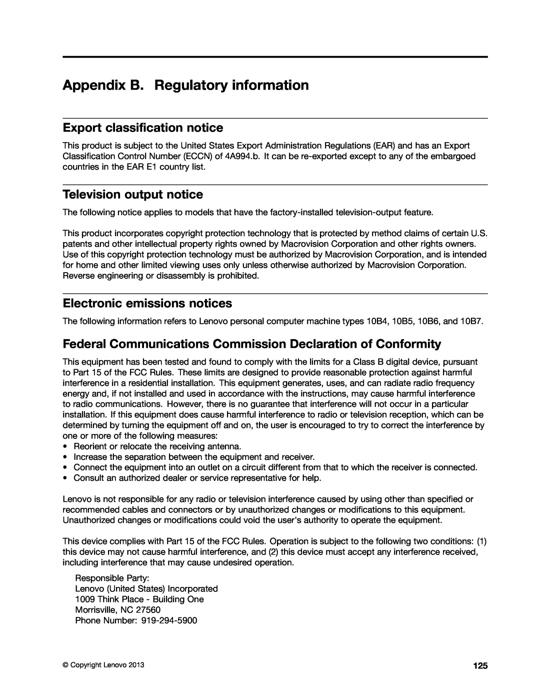 Lenovo M73 manual Appendix B. Regulatory information, Export classification notice, Television output notice 