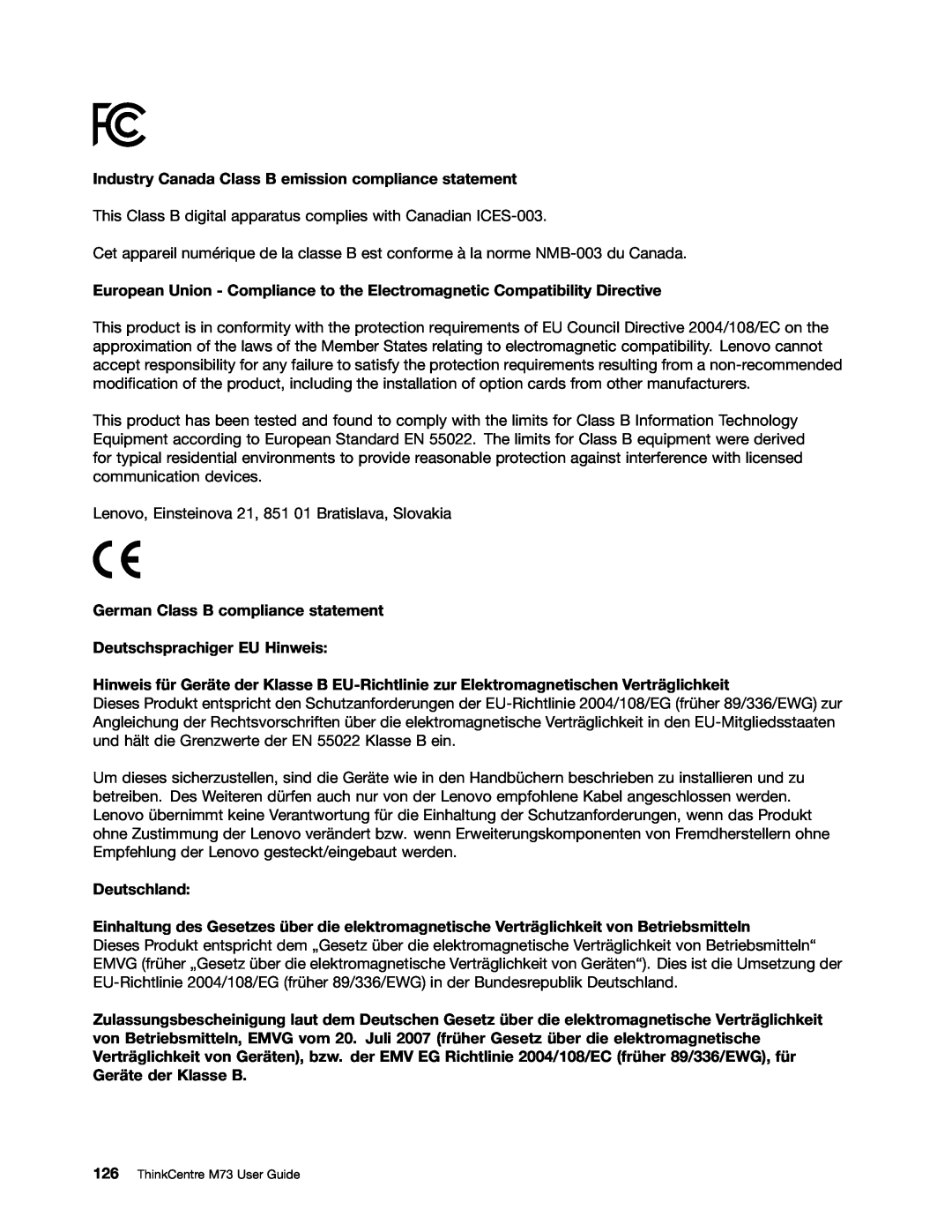 Lenovo M73 manual Industry Canada Class B emission compliance statement, Deutschland 