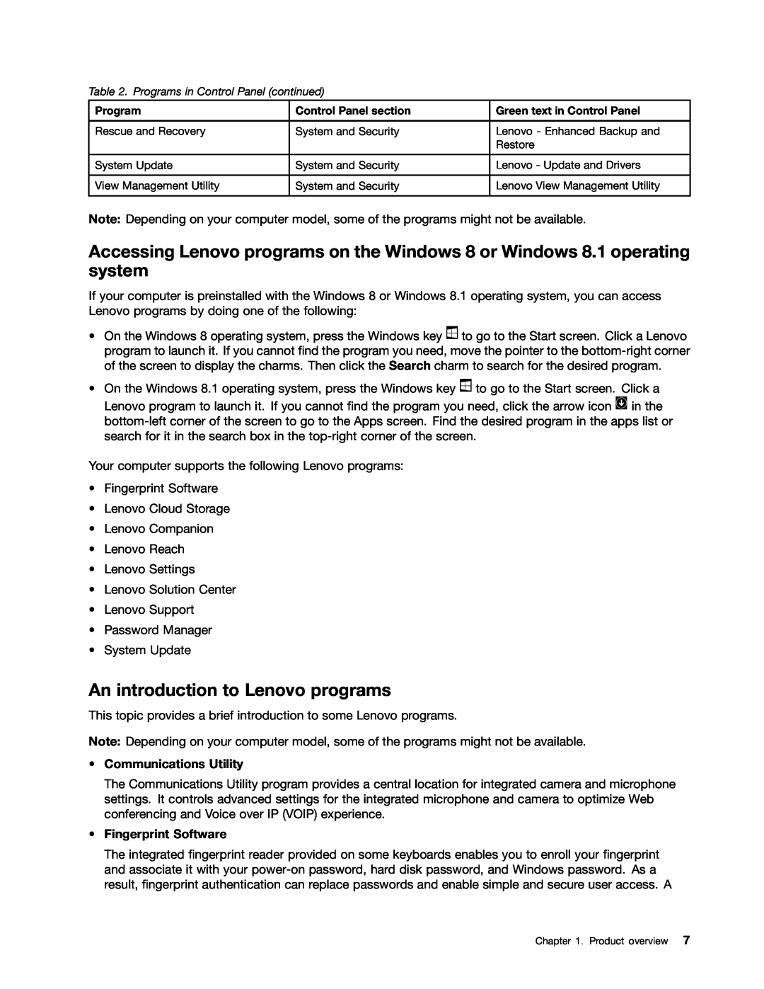 Lenovo M73 manual An introduction to Lenovo programs, Communications Utility, Fingerprint Software 