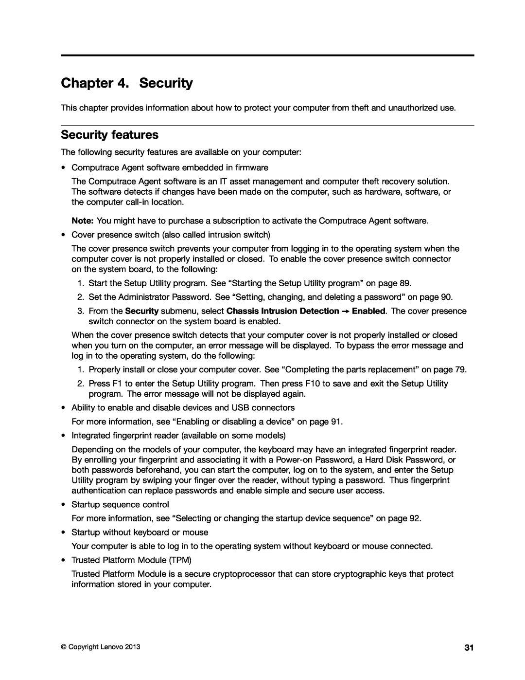 Lenovo M73 manual Security features 