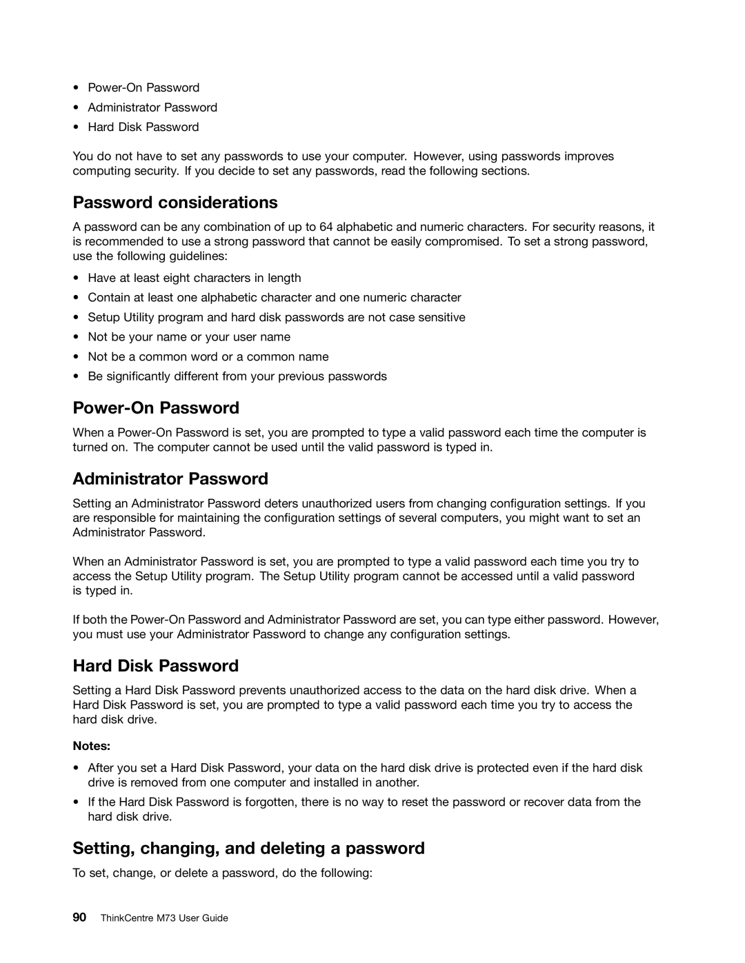 Lenovo M73 manual Password considerations, Power-On Password, Administrator Password, Hard Disk Password 