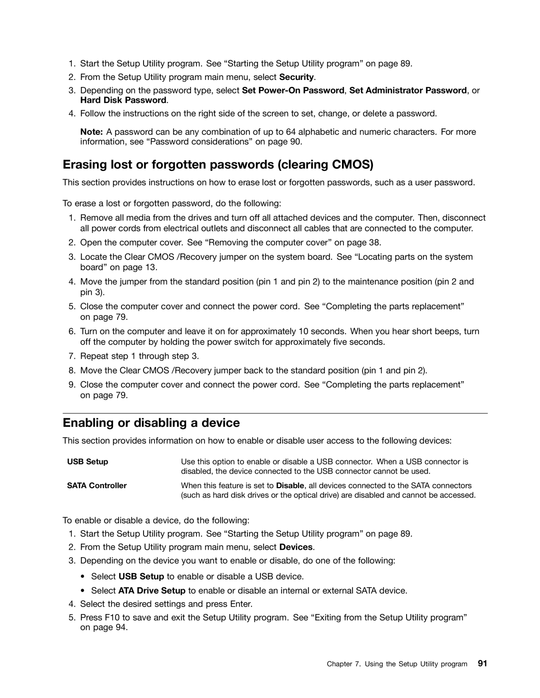 Lenovo M73 manual Erasing lost or forgotten passwords clearing Cmos, Enabling or disabling a device 