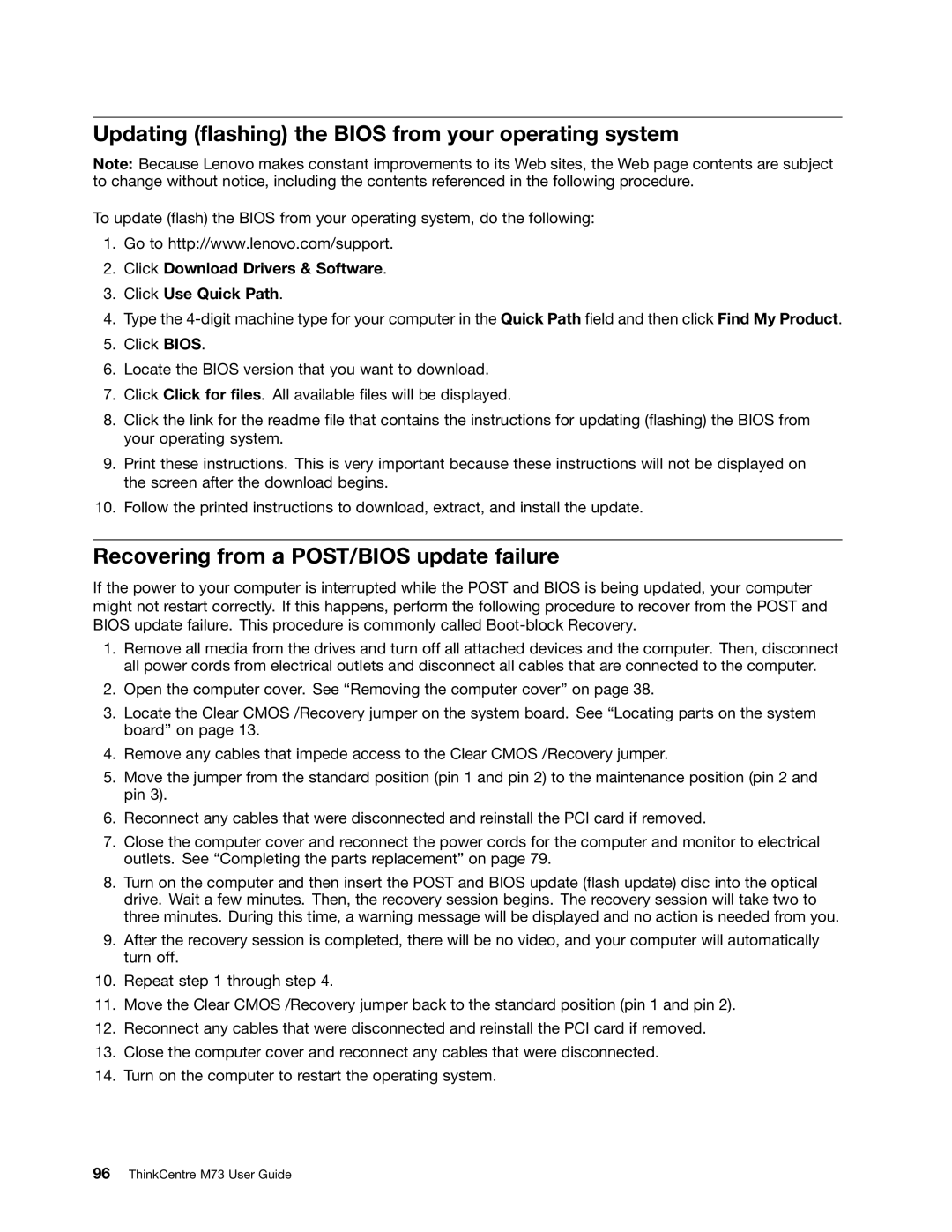 Lenovo M73 manual Updating flashing the Bios from your operating system, Recovering from a POST/BIOS update failure 