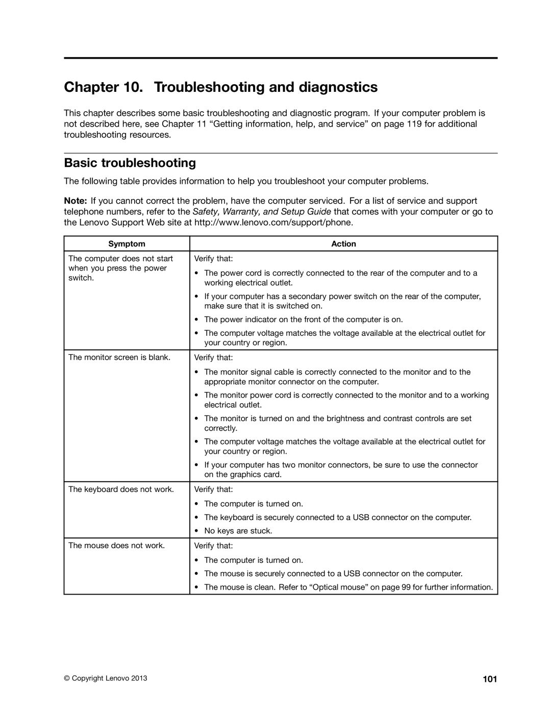 Lenovo M73 manual Troubleshooting and diagnostics, Basic troubleshooting, 101 